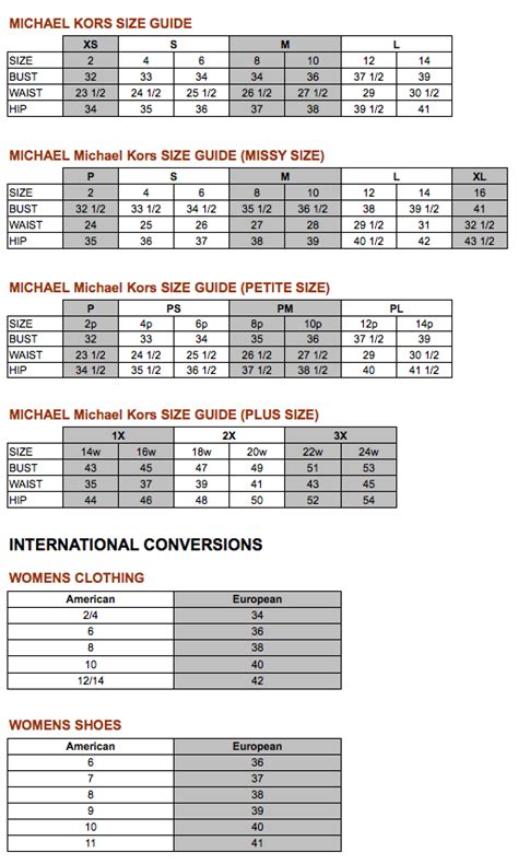 michael kors size chart shoes